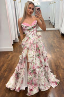Load image into Gallery viewer, Pink Floral Strapless Ruffled Long Corset Prom Dress with Slit