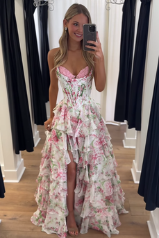 Pink Floral Strapless Ruffled Long Corset Prom Dress with Slit