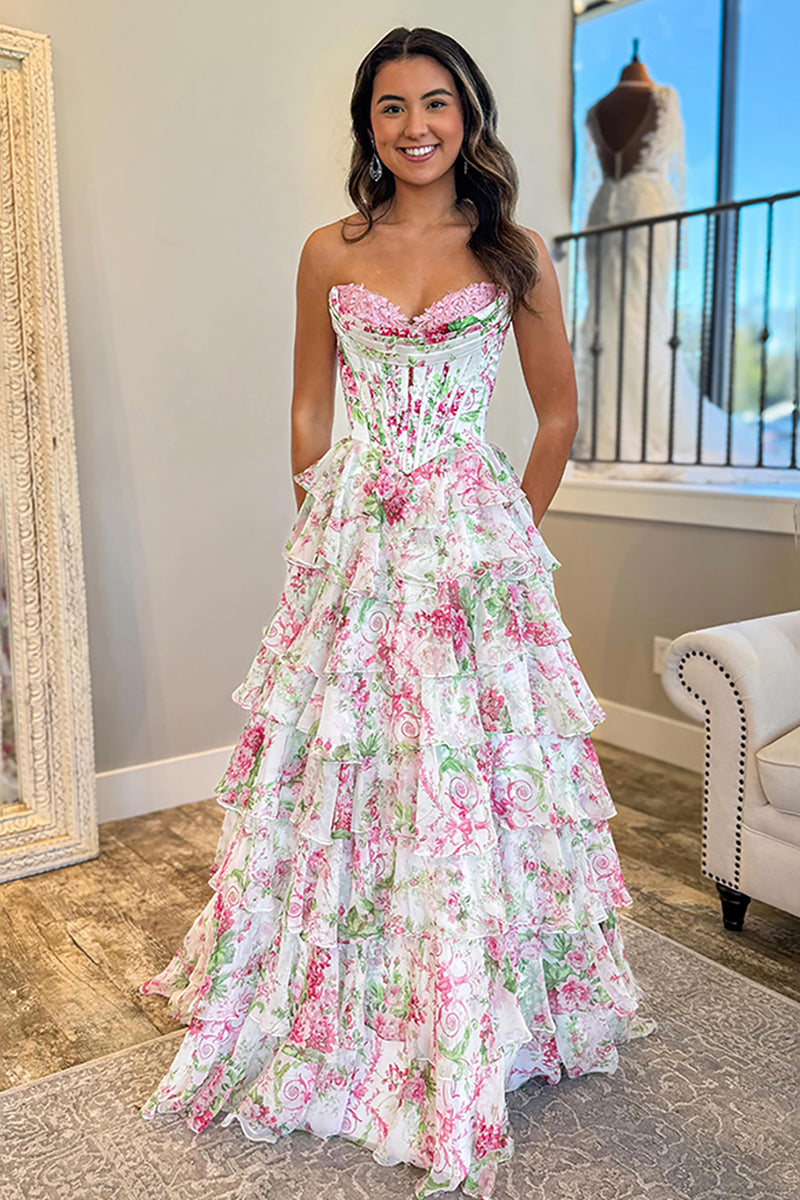 Load image into Gallery viewer, Pink Floral Strapless Ruffled Long Corset Prom Dress with Slit