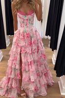 Load image into Gallery viewer, Pink Floral Strapless Ruffled Long Corset Prom Dress with Slit