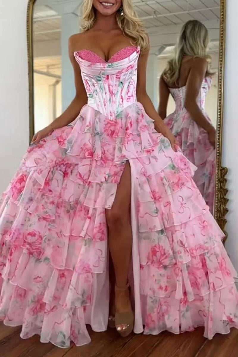 Load image into Gallery viewer, Pink Floral Strapless Ruffled Long Corset Prom Dress with Slit