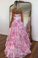 Load image into Gallery viewer, Pink Floral Strapless Ruffled Long Corset Prom Dress with Slit