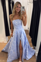 Load image into Gallery viewer, Lilac Strapless A Line Floral Long Prom Dress with Slit