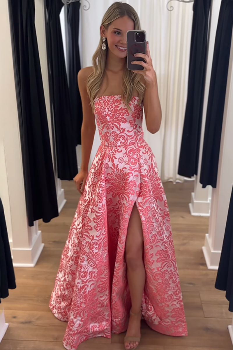 Load image into Gallery viewer, Lilac Strapless A Line Floral Long Prom Dress with Slit