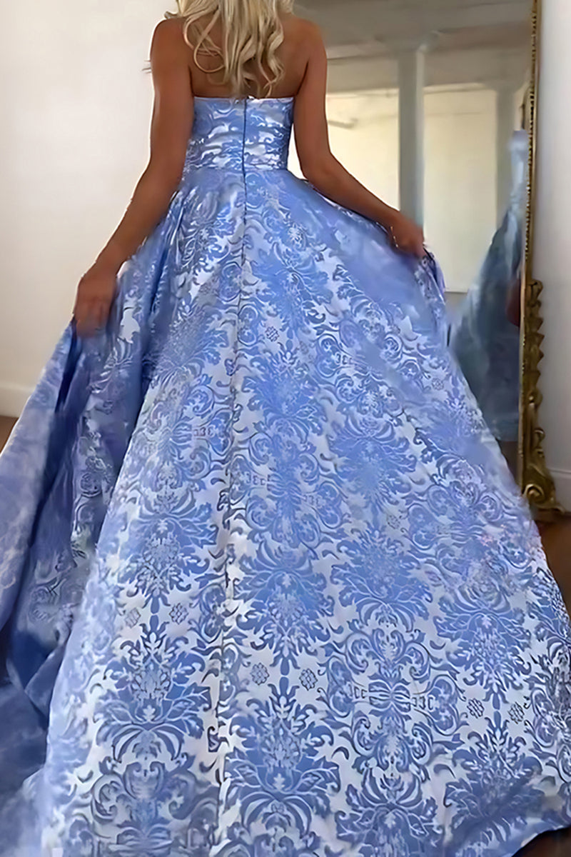 Load image into Gallery viewer, Lilac Strapless A Line Floral Long Prom Dress with Slit