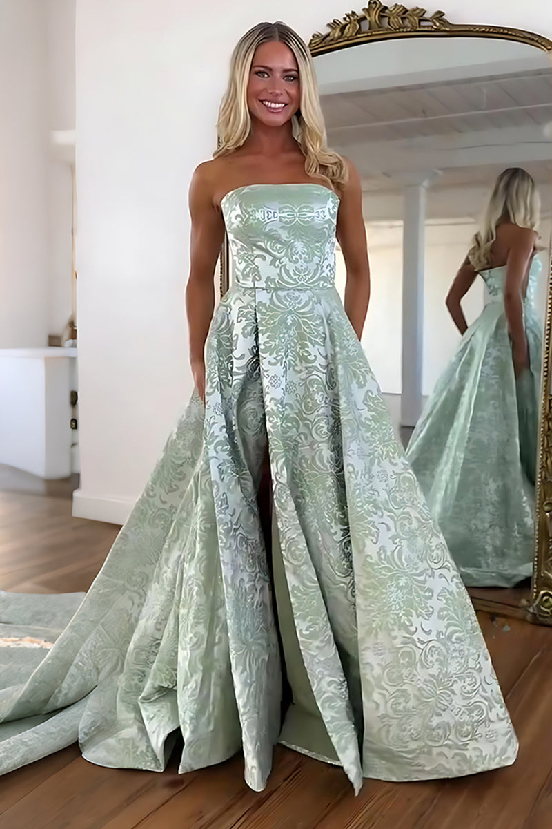 Load image into Gallery viewer, Lilac Strapless A Line Floral Long Prom Dress with Slit