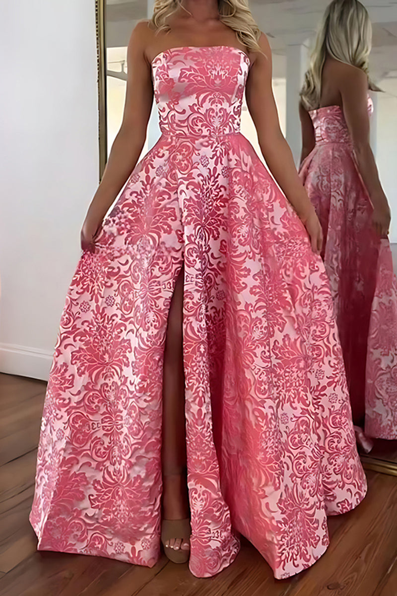 Load image into Gallery viewer, Lilac Strapless A Line Floral Long Prom Dress with Slit