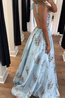 Blue Spaghetti Straps Floral A Line Long Prom Dress with Pearls