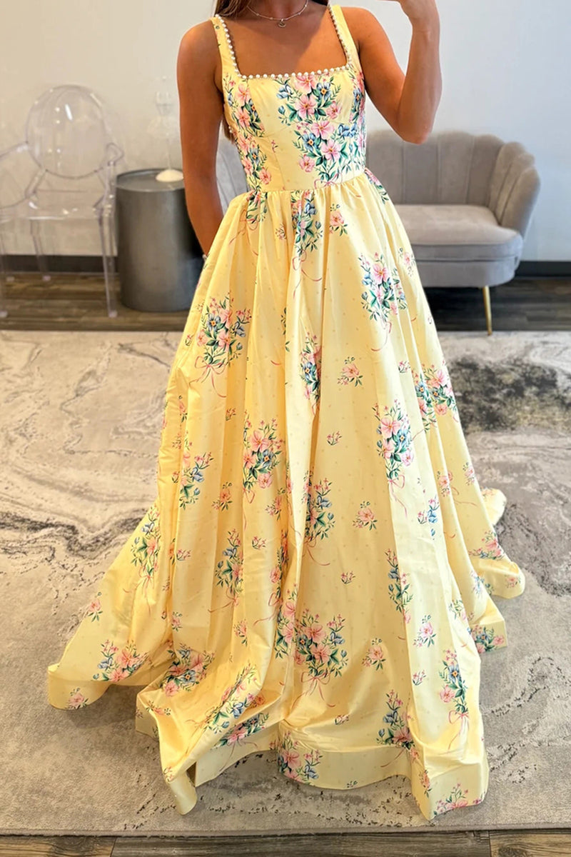 Load image into Gallery viewer, Blue Spaghetti Straps Floral A Line Long Prom Dress with Pearls