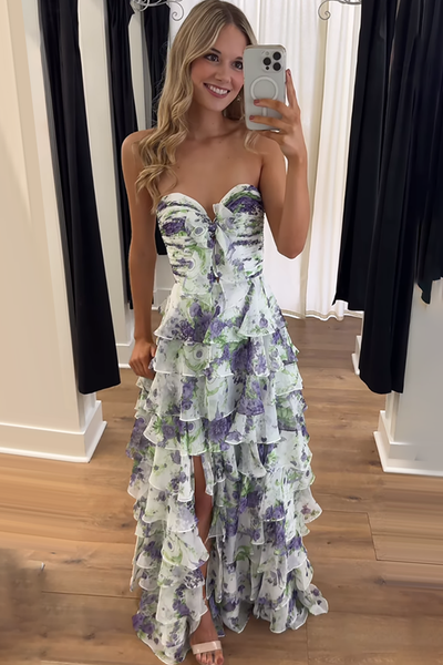White and Purple Floral Ruffled A Line Strapless Long Prom Dress with Slit