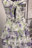Load image into Gallery viewer, White and Purple Floral Ruffled A Line Strapless Long Prom Dress with Slit
