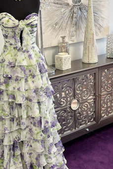 White and Purple Floral Ruffled A Line Strapless Long Prom Dress with Slit