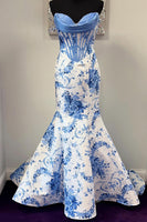 Load image into Gallery viewer, White Blue Floral Strapless Mermaid Long Corset Prom Dress