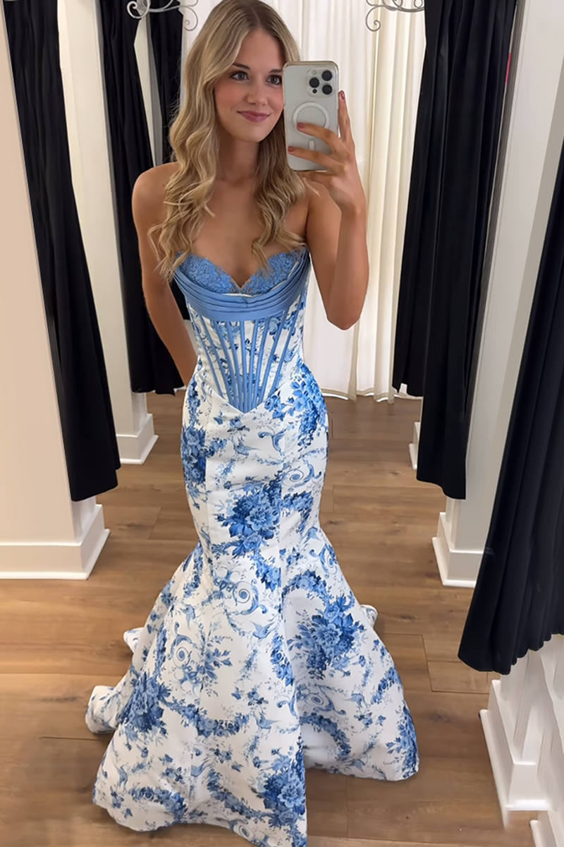 Load image into Gallery viewer, White Blue Floral Strapless Mermaid Long Corset Prom Dress