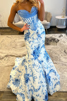 Load image into Gallery viewer, White Blue Floral Strapless Mermaid Long Corset Prom Dress