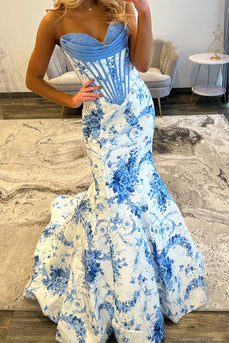 White Blue Floral Strapless Mermaid Long Corset Prom Dress