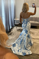 Load image into Gallery viewer, White Blue Floral Strapless Mermaid Long Corset Prom Dress