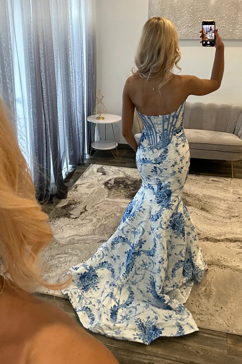 Load image into Gallery viewer, White Blue Floral Strapless Mermaid Long Corset Prom Dress