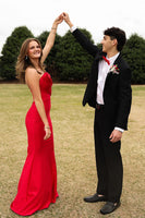 Load image into Gallery viewer, Red Mermaid Satin Strapless Long Prom Dress