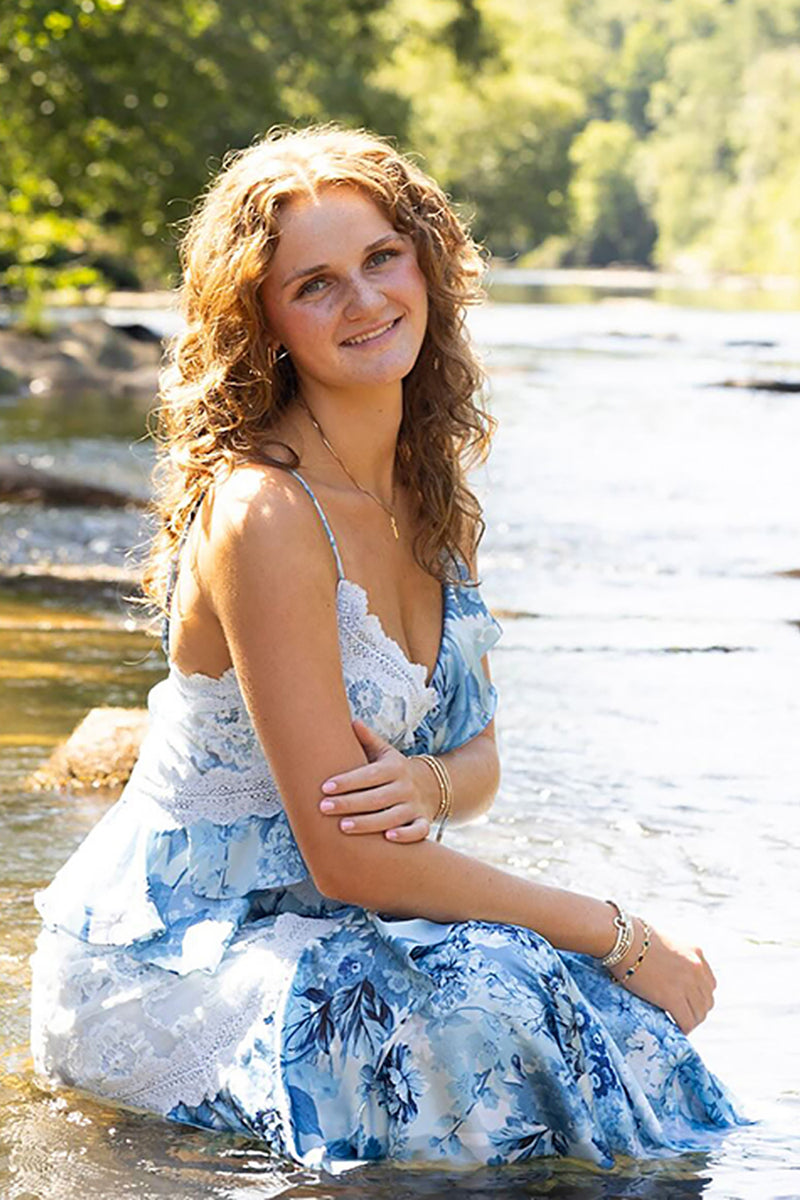 Load image into Gallery viewer, Blue Floral Spaghetti Straps Ruffled Maxi Prom Dress