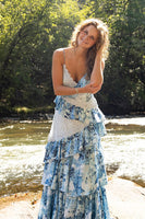 Load image into Gallery viewer, Blue Floral Spaghetti Straps Ruffled Maxi Prom Dress