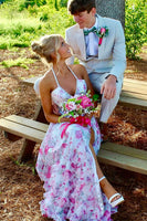 Load image into Gallery viewer, Pink Floral Halter Ruffled Long Corset Prom Dress with Slit