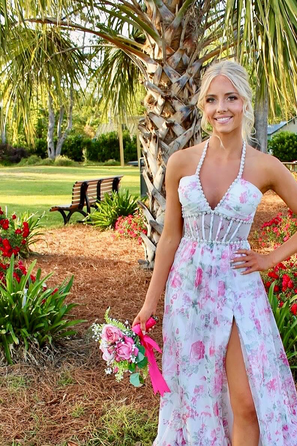 Pink Floral Halter Ruffled Long Corset Prom Dress with Slit