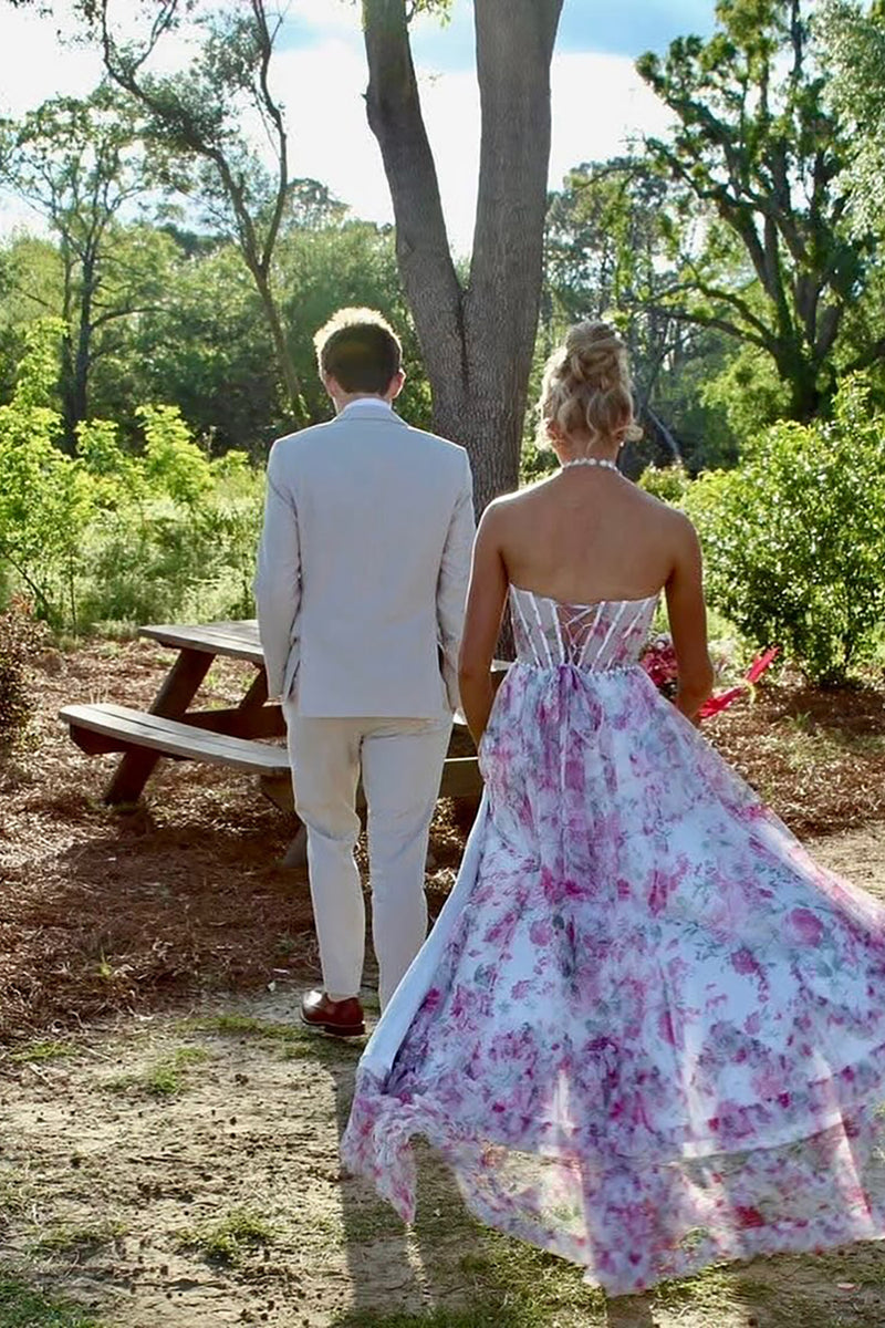 Load image into Gallery viewer, Pink Floral Halter Ruffled Long Corset Prom Dress with Slit