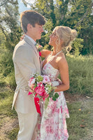 Load image into Gallery viewer, Pink Floral Halter Ruffled Long Corset Prom Dress with Slit