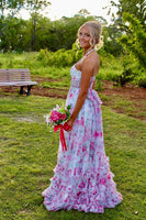 Load image into Gallery viewer, Pink Floral Halter Ruffled Long Corset Prom Dress with Slit