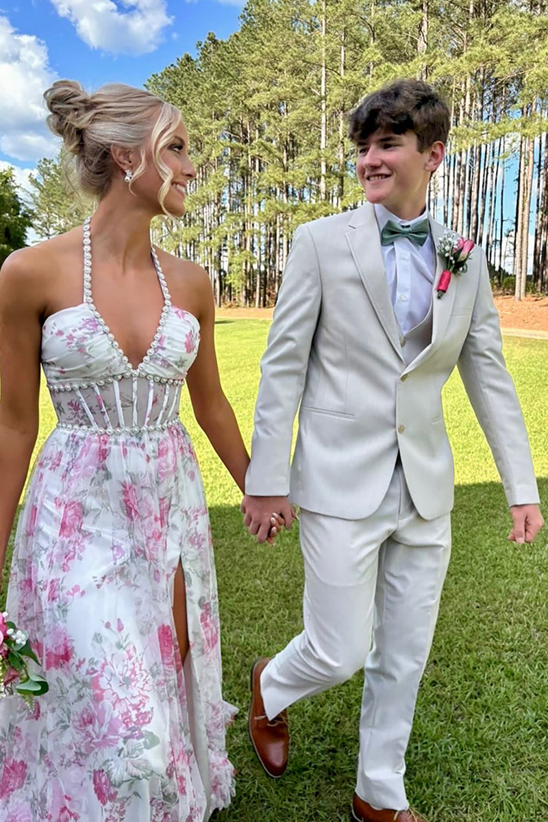 Load image into Gallery viewer, Pink Floral Halter Ruffled Long Corset Prom Dress with Slit