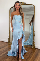 Load image into Gallery viewer, White Floral Strapless Ruffled Maxi Prom Dress with Slit