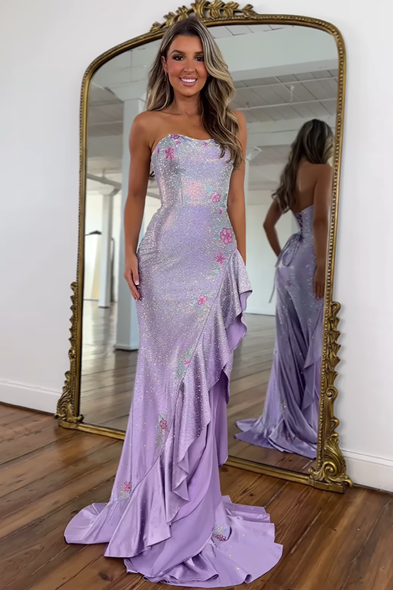 Load image into Gallery viewer, White Floral Strapless Ruffled Maxi Prom Dress with Slit