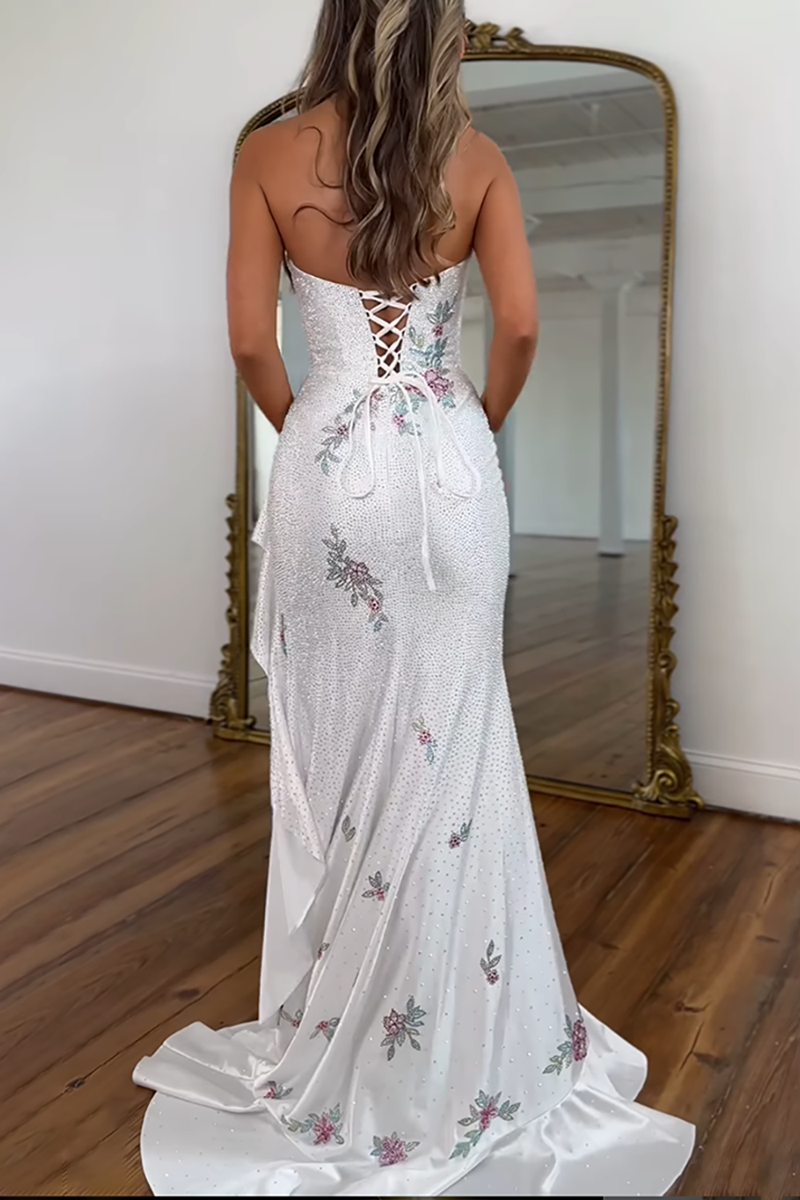 Load image into Gallery viewer, White Floral Strapless Ruffled Maxi Prom Dress with Slit
