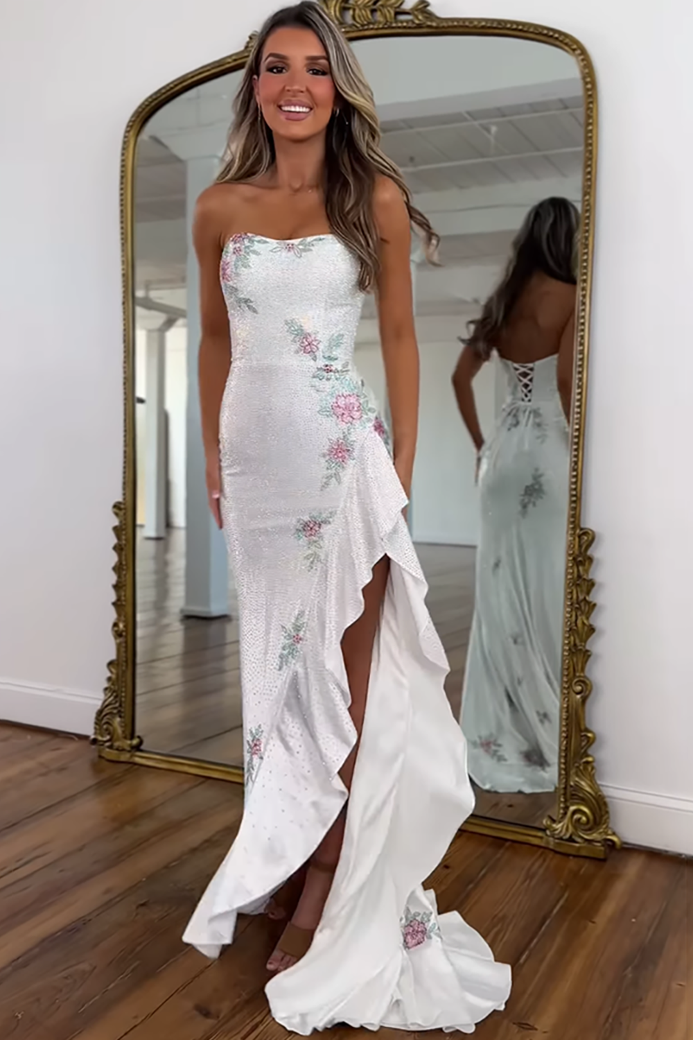 White Floral Strapless Ruffled Maxi Prom Dress with Slit