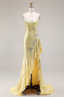 Load image into Gallery viewer, White Floral Strapless Ruffled Maxi Prom Dress with Slit