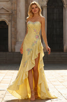 Load image into Gallery viewer, White Floral Strapless Ruffled Maxi Prom Dress with Slit