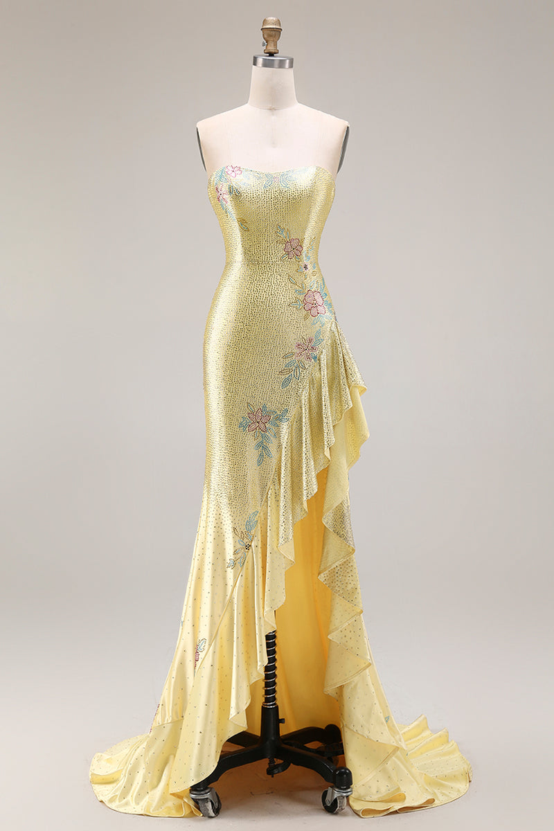 Load image into Gallery viewer, White Floral Strapless Ruffled Maxi Prom Dress with Slit