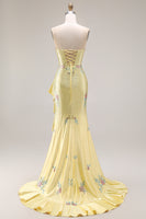 Load image into Gallery viewer, White Floral Strapless Ruffled Maxi Prom Dress with Slit