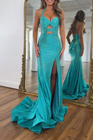Load image into Gallery viewer, Sparkly Peacock Green Halter Keyhole Maxi Prom Dress with Slit