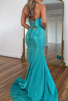 Sparkly Peacock Green Halter Keyhole Maxi Prom Dress with Slit