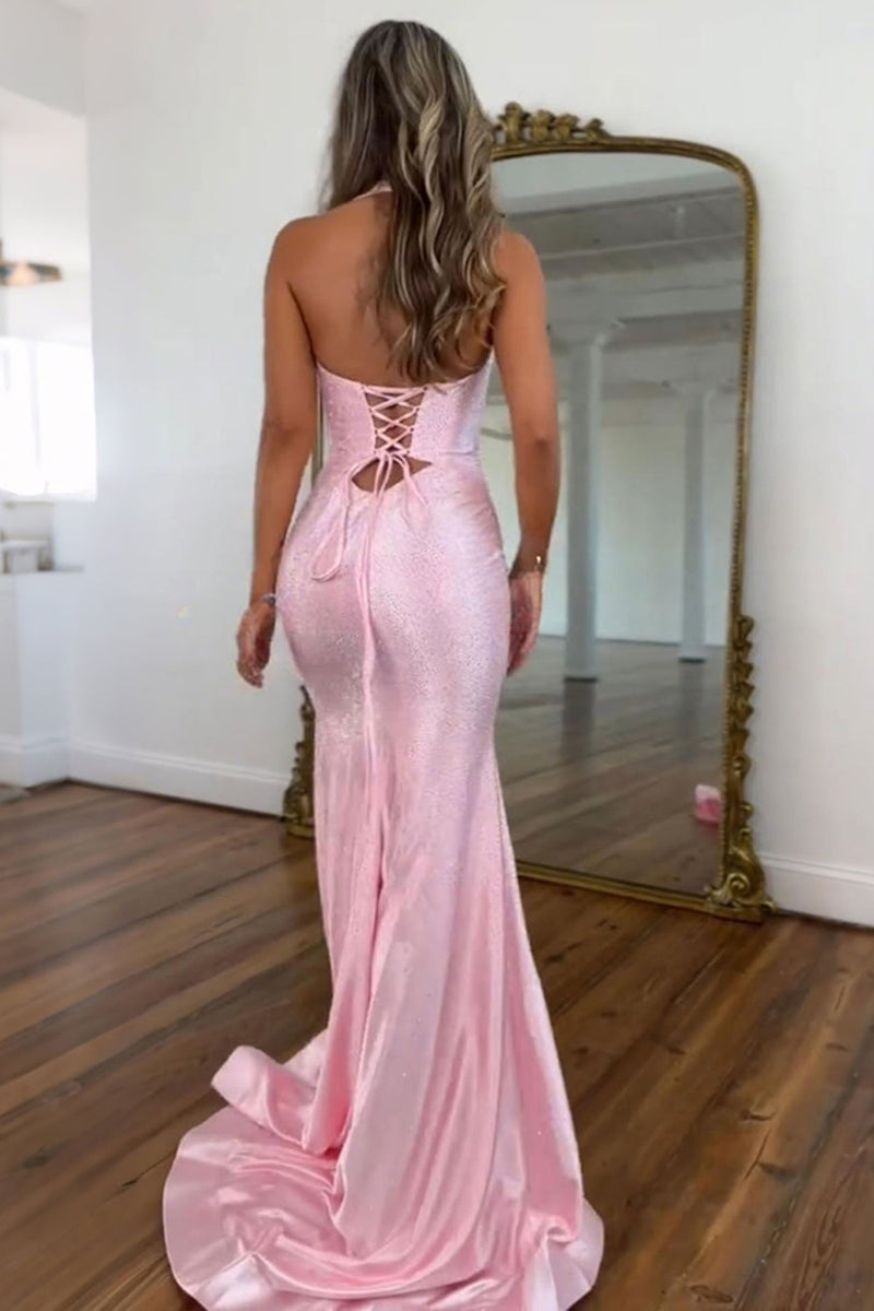 Load image into Gallery viewer, Sparkly Peacock Green Halter Keyhole Maxi Prom Dress with Slit