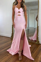 Load image into Gallery viewer, Sparkly Peacock Green Halter Keyhole Maxi Prom Dress with Slit