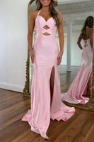 Load image into Gallery viewer, Sparkly Peacock Green Halter Keyhole Maxi Prom Dress with Slit