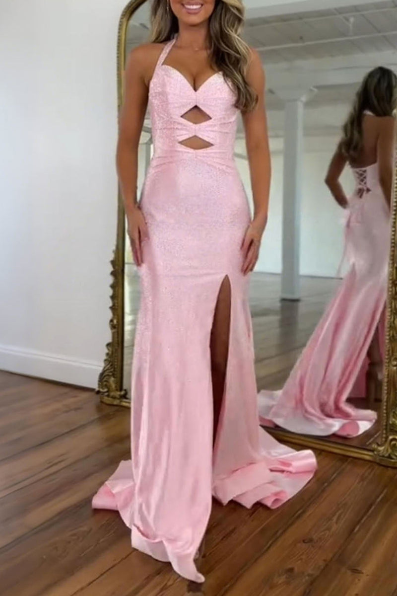 Load image into Gallery viewer, Sparkly Peacock Green Halter Keyhole Maxi Prom Dress with Slit