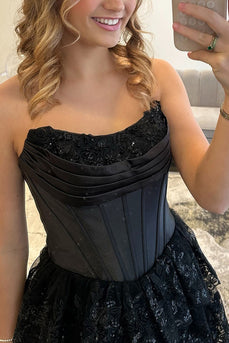 Black Sweetheart Corset Ruffled Maxi Prom Dress with Slit