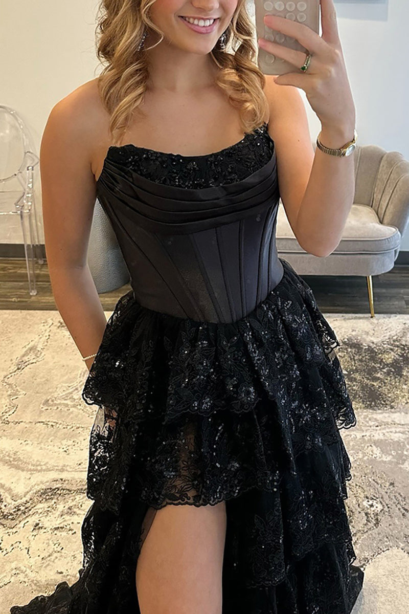 Load image into Gallery viewer, Black Sweetheart Corset Ruffled Maxi Prom Dress with Slit