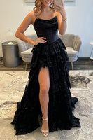 Load image into Gallery viewer, Black Sweetheart Corset Ruffled Maxi Prom Dress with Slit