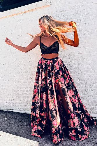 2 Piece Black Red Flower Spaghetti Straps A Line Maxi Prom Dress