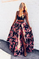 Load image into Gallery viewer, 2 Piece Black Red Flower Spaghetti Straps A Line Maxi Prom Dress